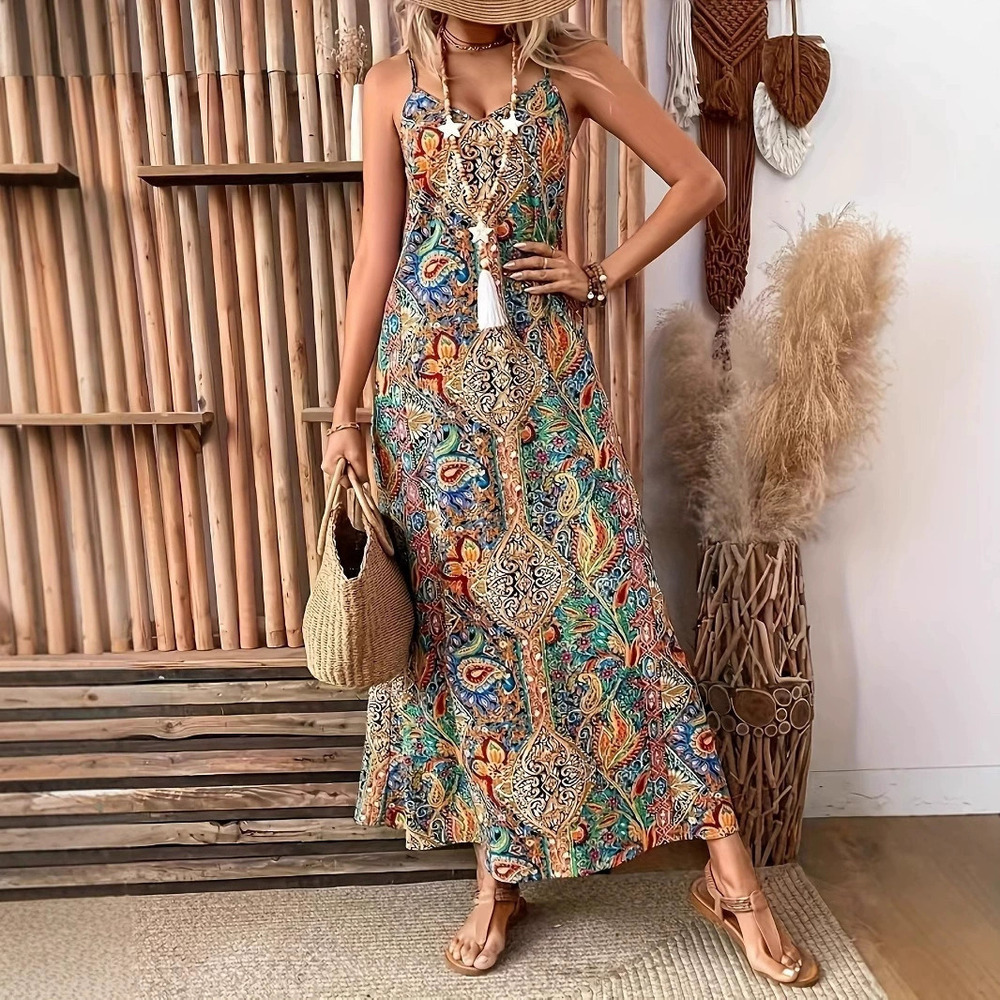 Forever 21 Unique Boho Vacation Flowy Spaghetti Strap Maxi Dress